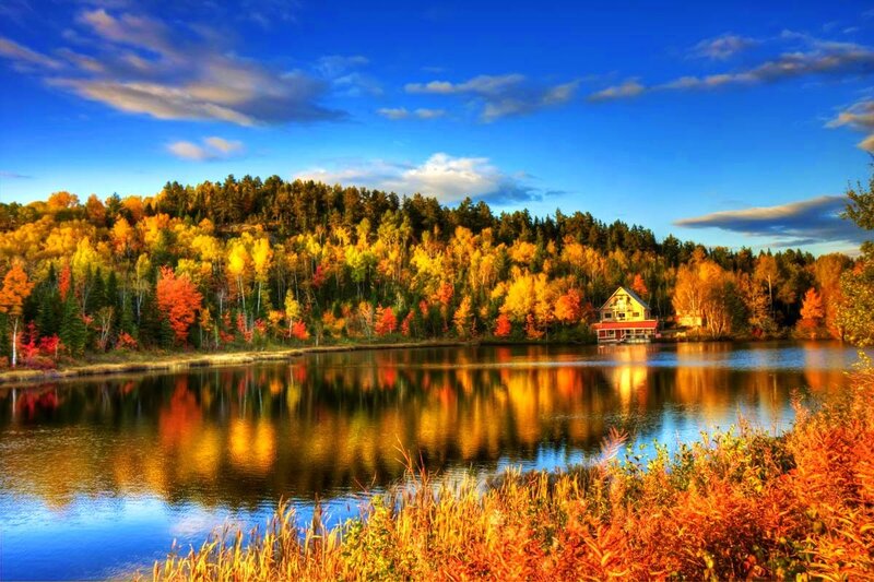Cabin on Lake Shore — Blue, Serene, Autumn, Photograph, Forest, House