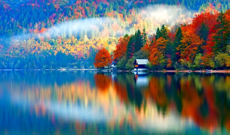 Cabin on Lake Shore — Blue, Serene, Autumn, Photograph