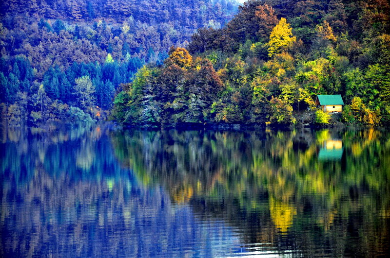 Cabin on Lake Shore — Blue, Serene, Autumn