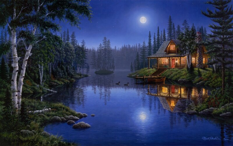 Cabin on Lake Shore — Blue, Serene, Night, Painting, Moon