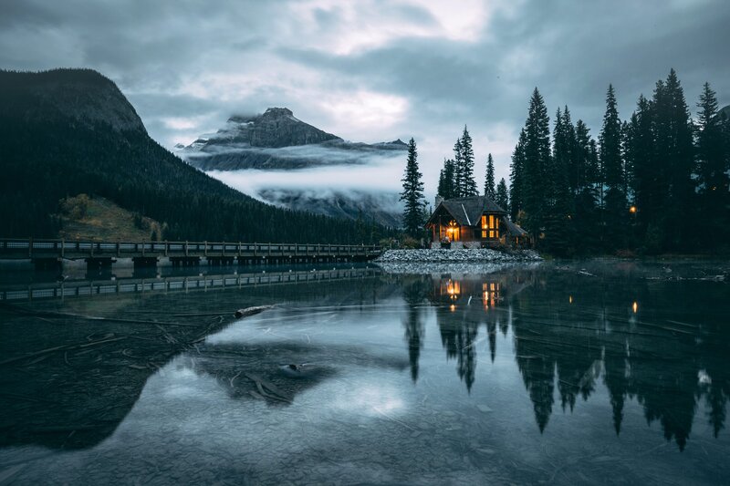 Cabin on Lake Shore — Blue, Serene, Night, Photograph, Mountain