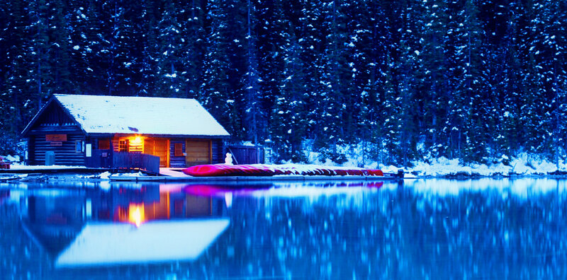 Cabin on Lake Shore — Blue, Serene, Night, Photograph, Snow
