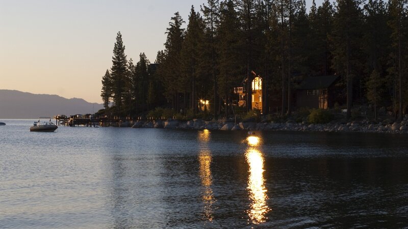 Cabin on Lake Shore — Blue, Serene, Sunset