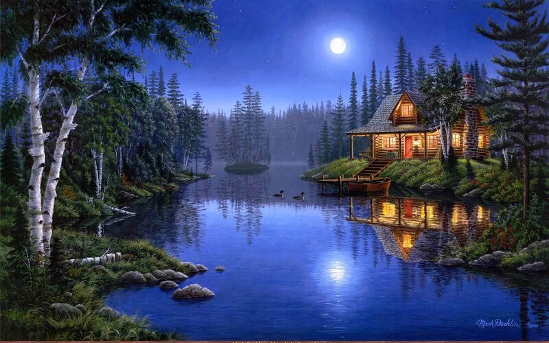 Cabin on Lake Shore — Blue
