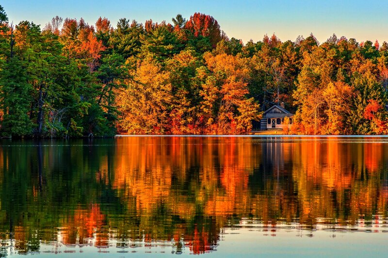 Cabin on Lake Shore — Orange, Serene, Autumn
