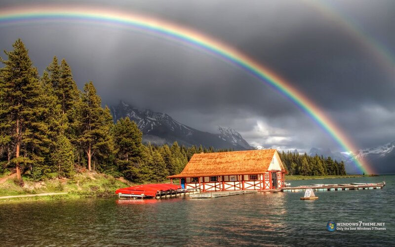 Cabin on Lake with Rainbow
