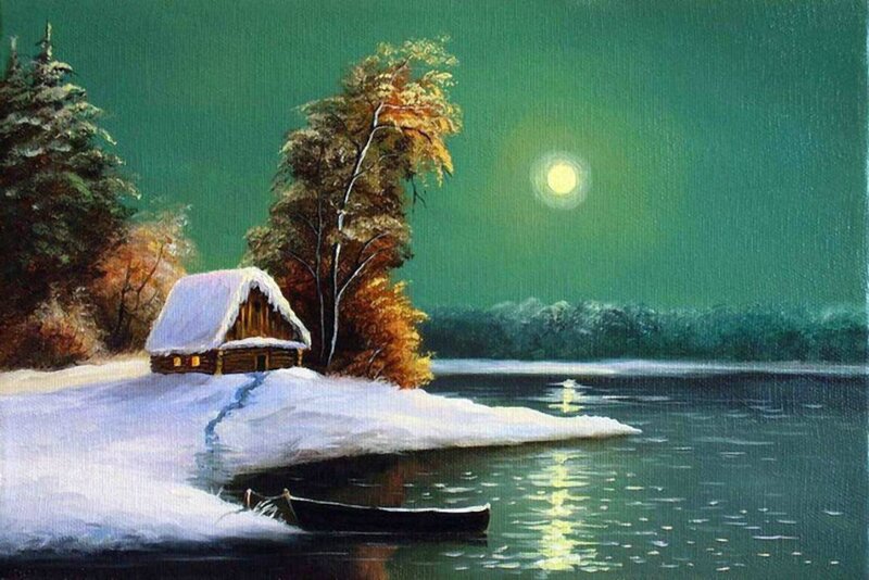 Cabin on Snowy Shore — Green