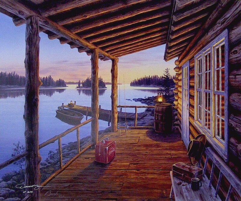 Cabin porch at dusk