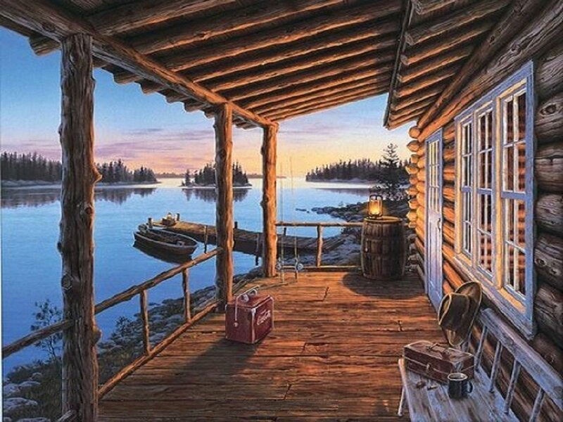 Cabin porch at sunset