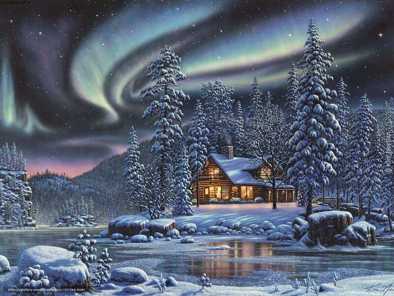 Cabin under aurora borealis