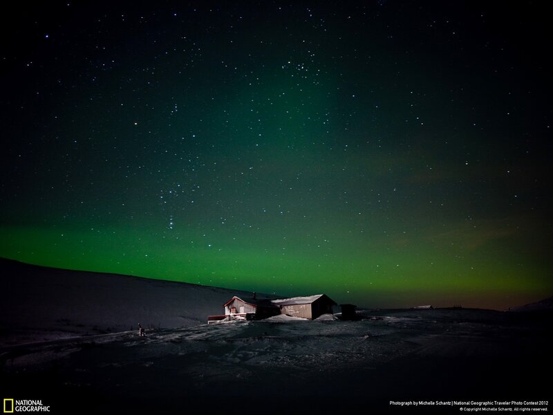 Cabin under Aurora — Green, Serene, Night, Photograph, Aurora Borealis, Stars