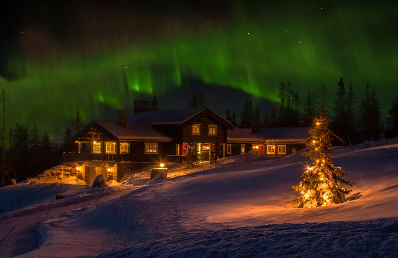 Cabin under Aurora — Green, Serene, Night, Photograph