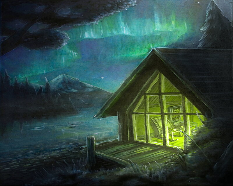 Cabin under Aurora — Green, Serene