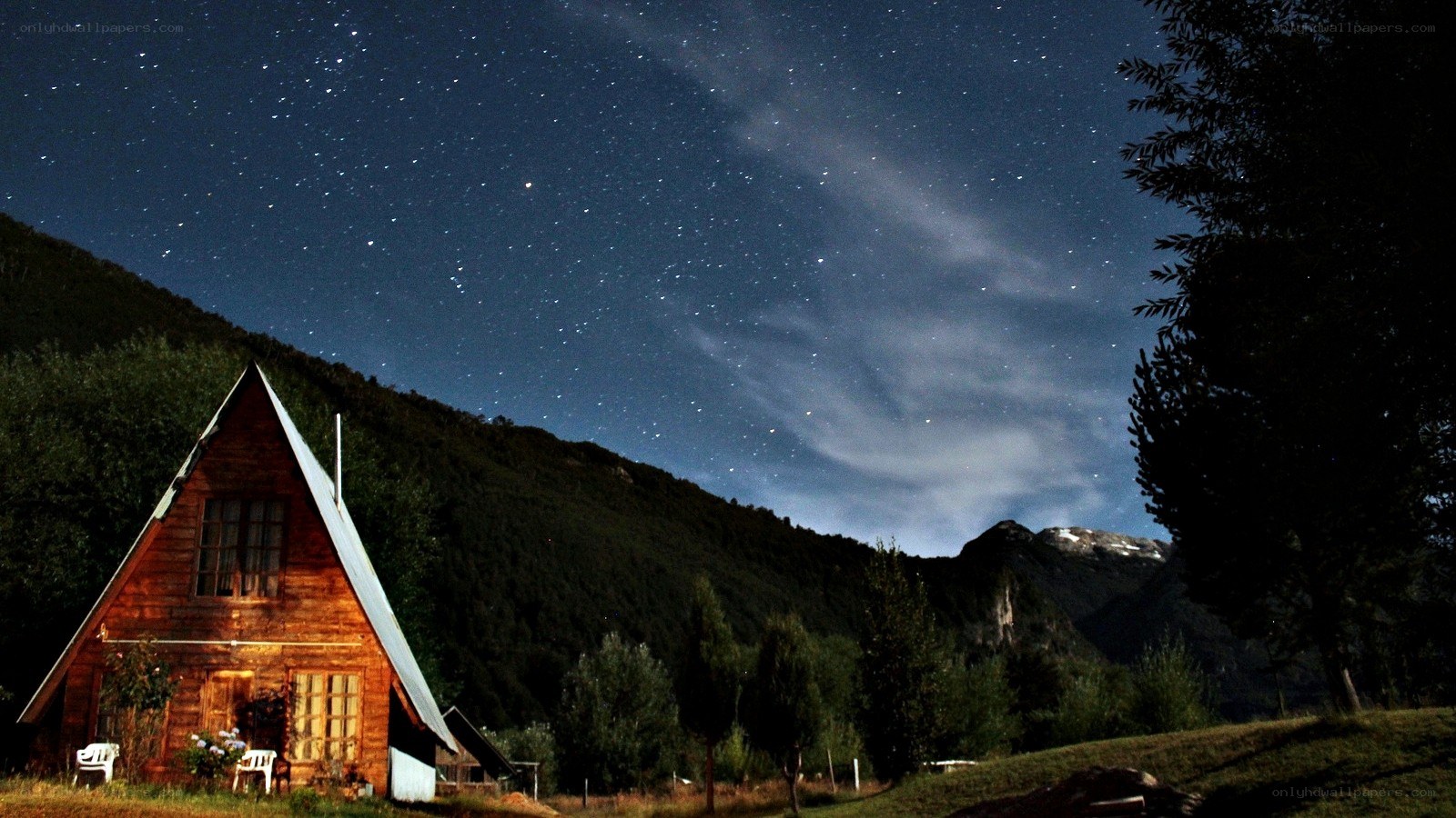 Cabin under starry night sky