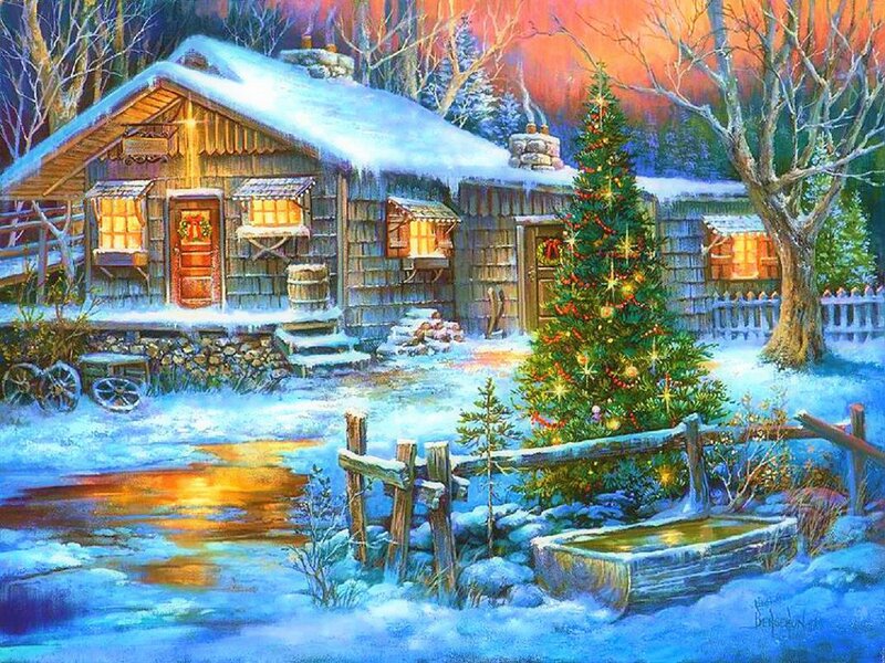 Cabin with Christmas Tree
