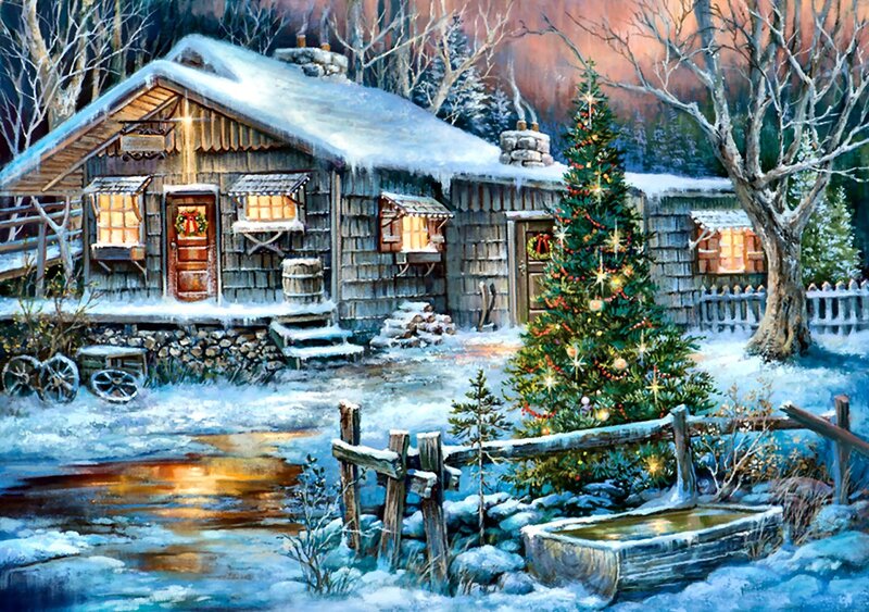 Cabin with Christmas Tree — White