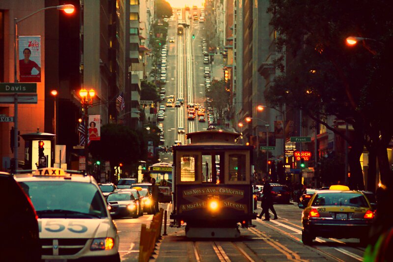 Cable Car on City Street — Orange