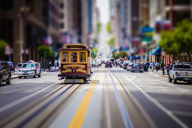 Cable Car on City Street — Yellow