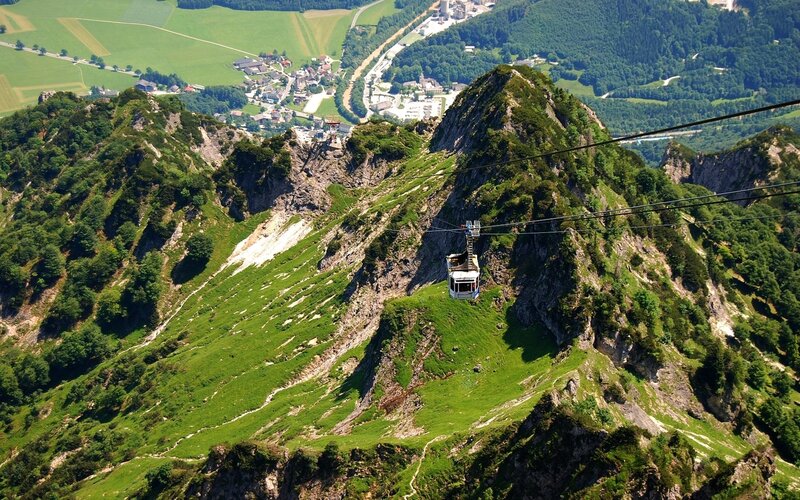 Cable car over mountain valley