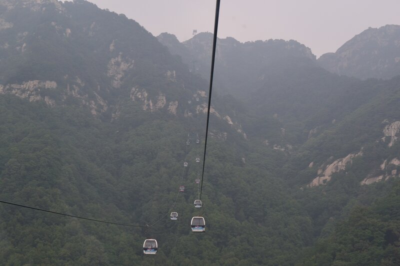 Cable Cars in Mountains — Green, Hazy