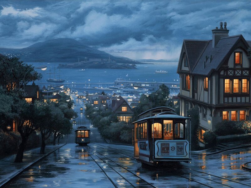 Cable Cars on Wet Street — Blue, Dramatic