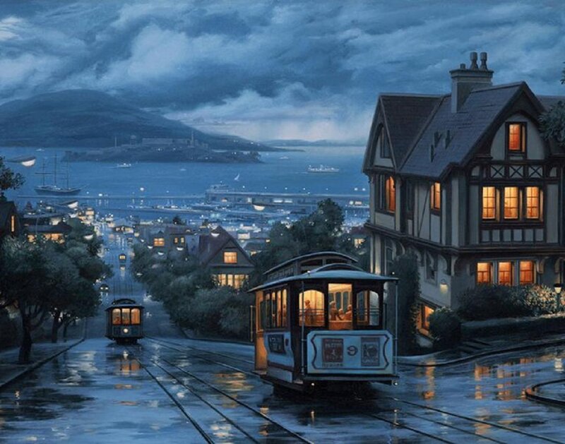 Cable Cars on Wet Street — Blue