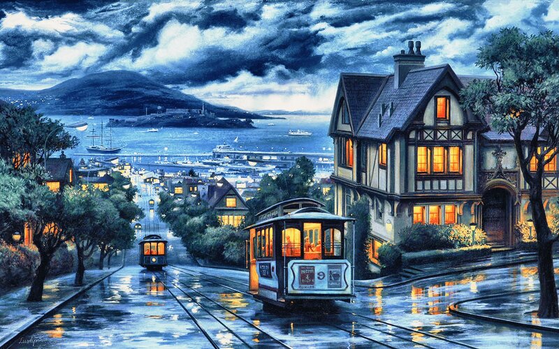 Cable Cars on Wet Street