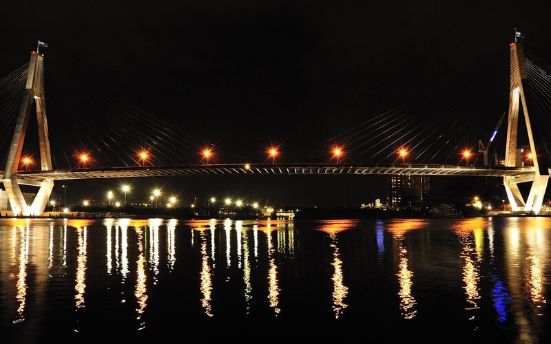 Cable-stayed Bridge at Night — Black, Calm, Photograph, River