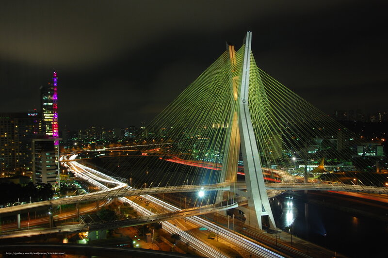 Cable-stayed Bridge at Night — Black, Dramatic, Photograph, City Skyline, Highway