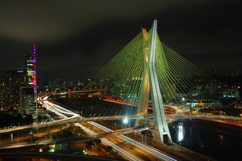 Cable-stayed Bridge at Night — Black, Dramatic, Photograph, City Skyline