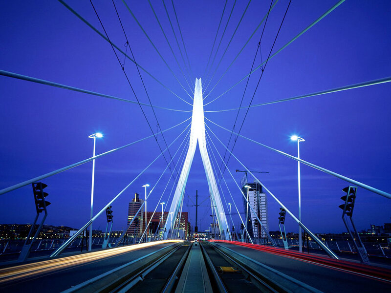 Cable-stayed Bridge at Night — Blue, Dramatic, Photograph, City Skyline, Traffic Lights