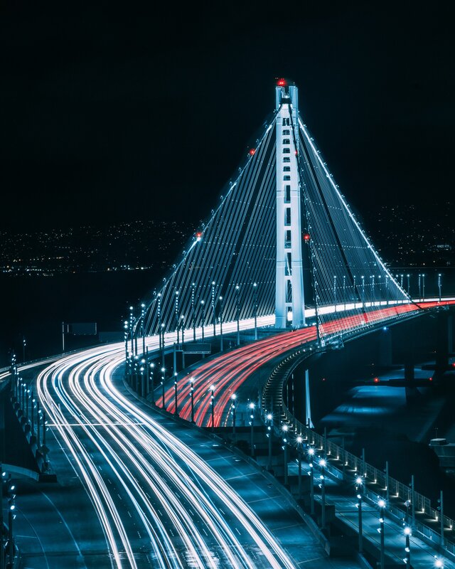 Cable-stayed Bridge at Night — Blue, Dramatic, Photograph, Light Trails