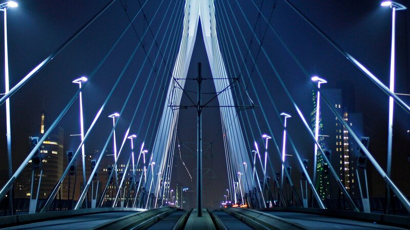 Cable-stayed Bridge at Night — Blue, Dramatic, Photograph