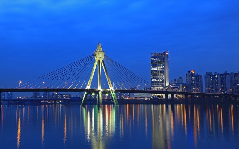Cable-stayed Bridge at Night — Blue, Serene