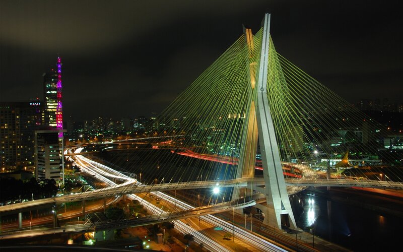Cable-stayed Bridge at Night — Green, Dramatic, Photograph, City Skyline, Highway