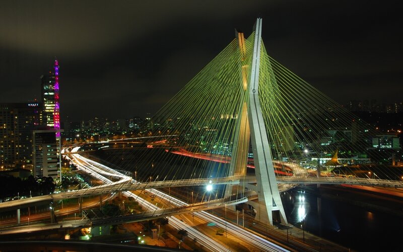 Cable-stayed Bridge at Night — Green, Dramatic, Photograph