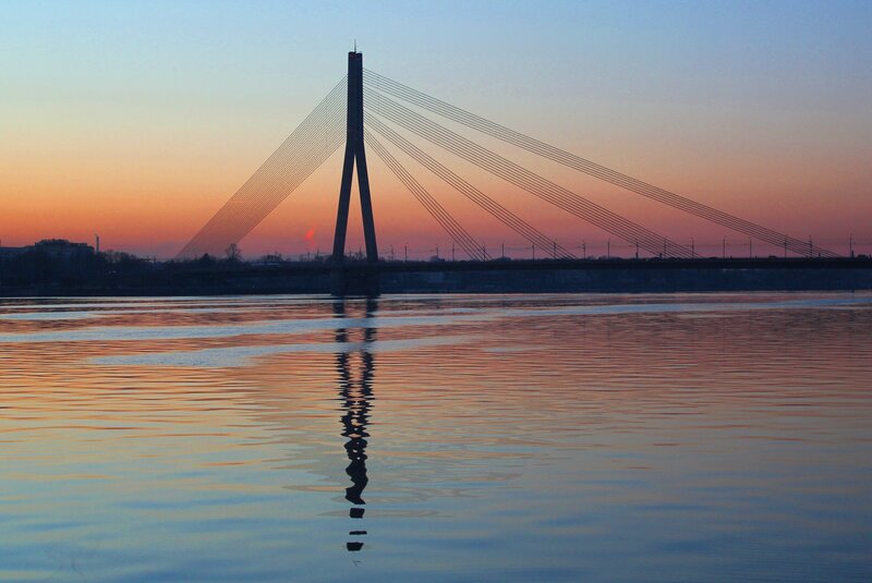 Cable-stayed Bridge at Sunset — Orange, Serene