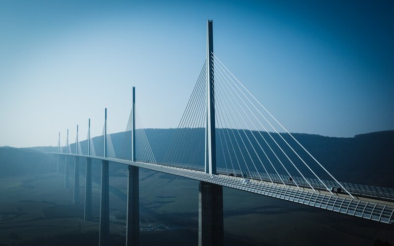 Cable-stayed Bridge — Blue, Serene, Afternoon, Photograph, Mountains