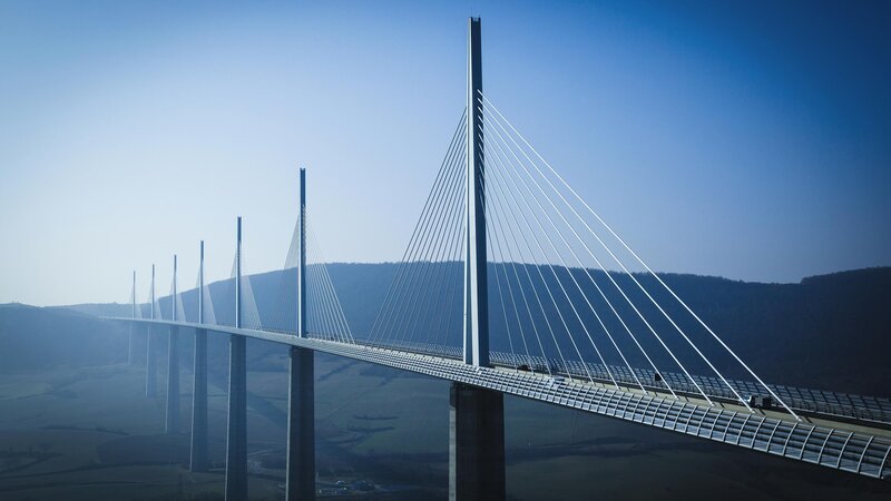 Cable-stayed Bridge — Blue, Serene, Morning, Photograph, Mountains, Sky