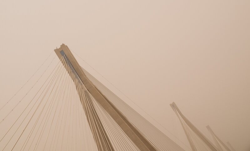 Cable-stayed bridge in fog