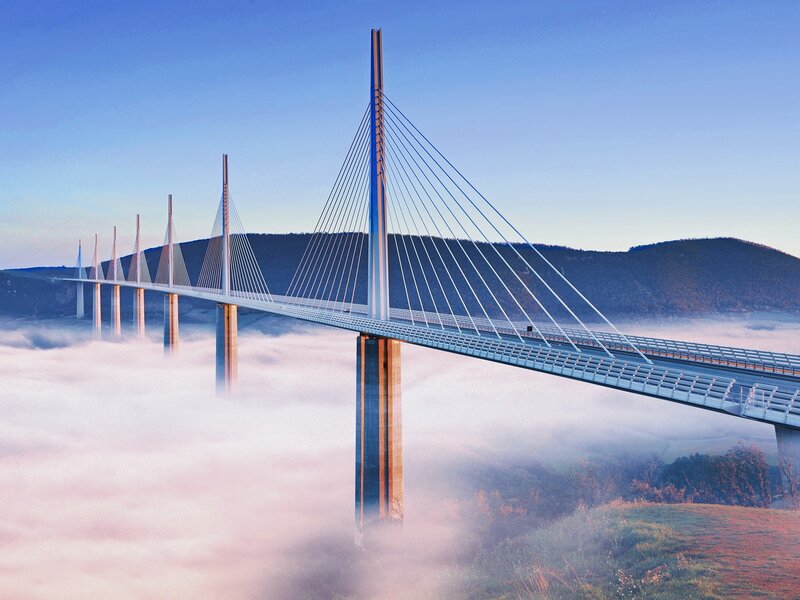 Cable-stayed bridge over fog