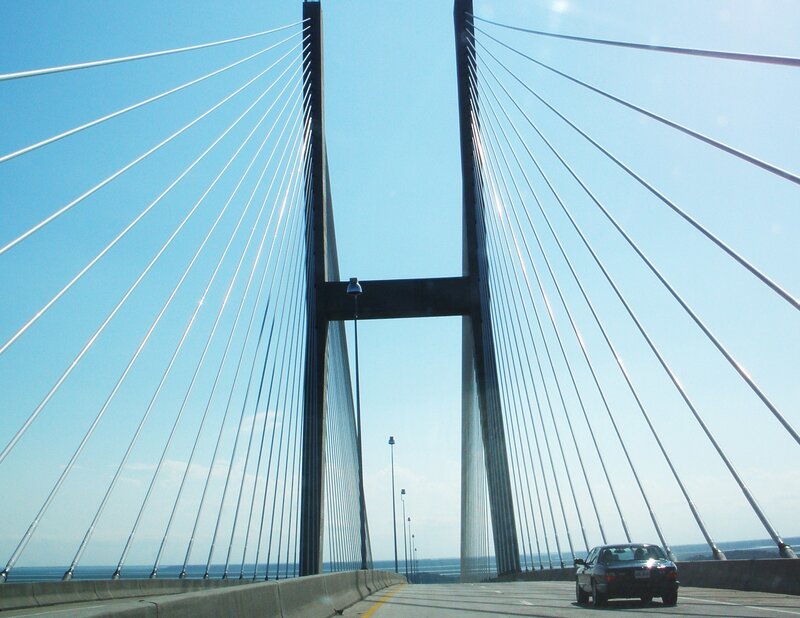 Cable-stayed bridge with car
