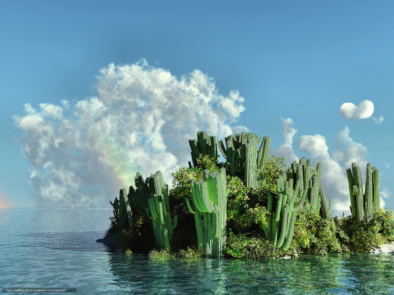 Cactus Island in Ocean — Blue