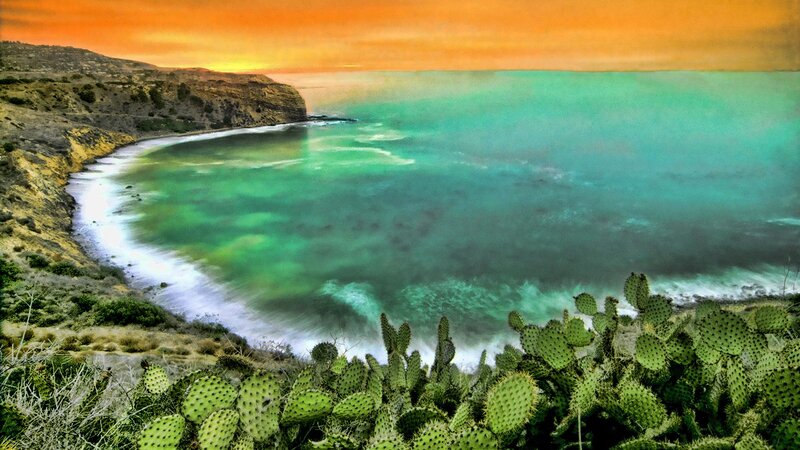 Cactus-lined coastal cove at sunset