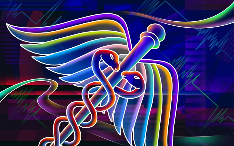 Caduceus Symbol — Blue, Vibrant, Digital Art