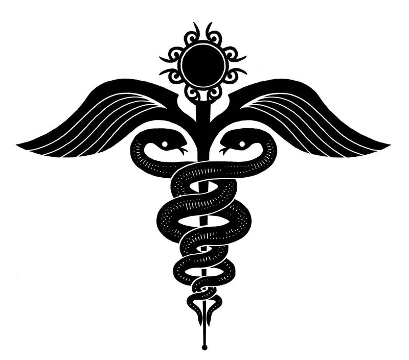Caduceus symbol with snakes and wings