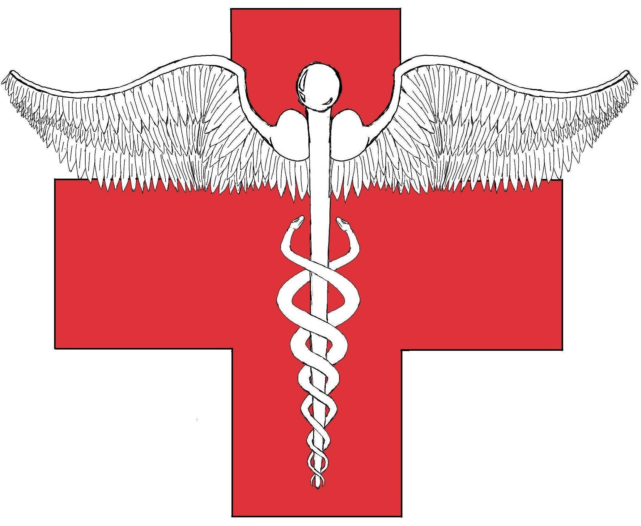 Caduceus with wings on red cross