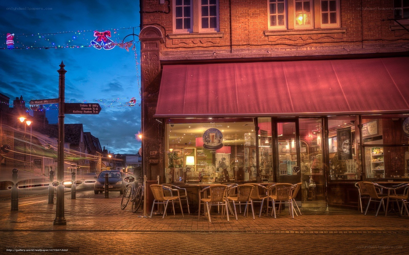Cafe at dusk with festive lights