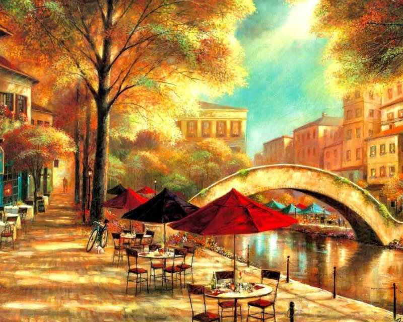 Cafe by Canal in Autumn