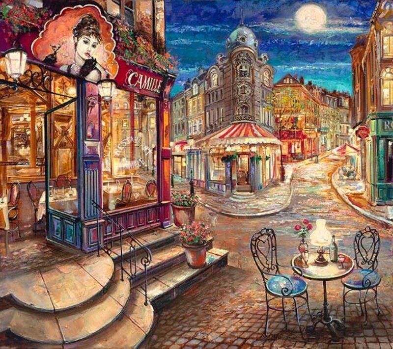 Cafe on Cobblestone Street — Blue, Romantic